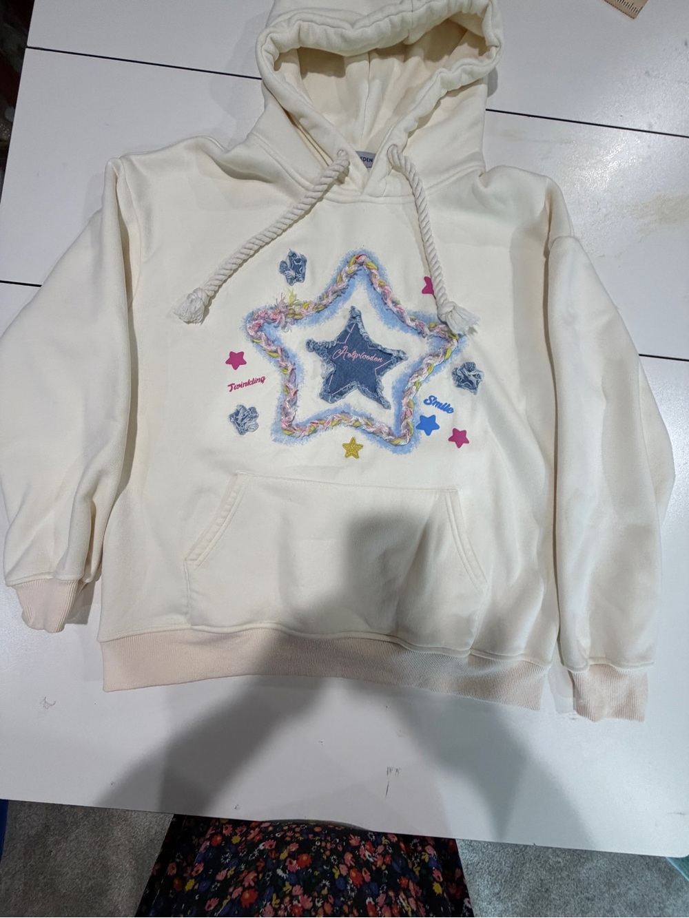 Cream Star Appliqué Hoodie with Rope Drawstring
